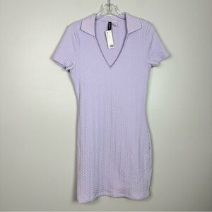 H&M Purple Ribbed Knit Short Sleeve Collared V-Neck Pullover Dress Fitted Sz M